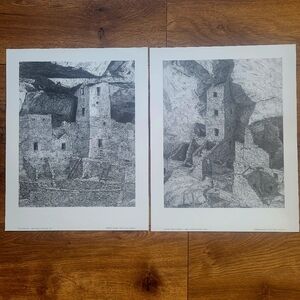 Pencil Prints of Two Masa Verde Dwellings. 11" X 14"
